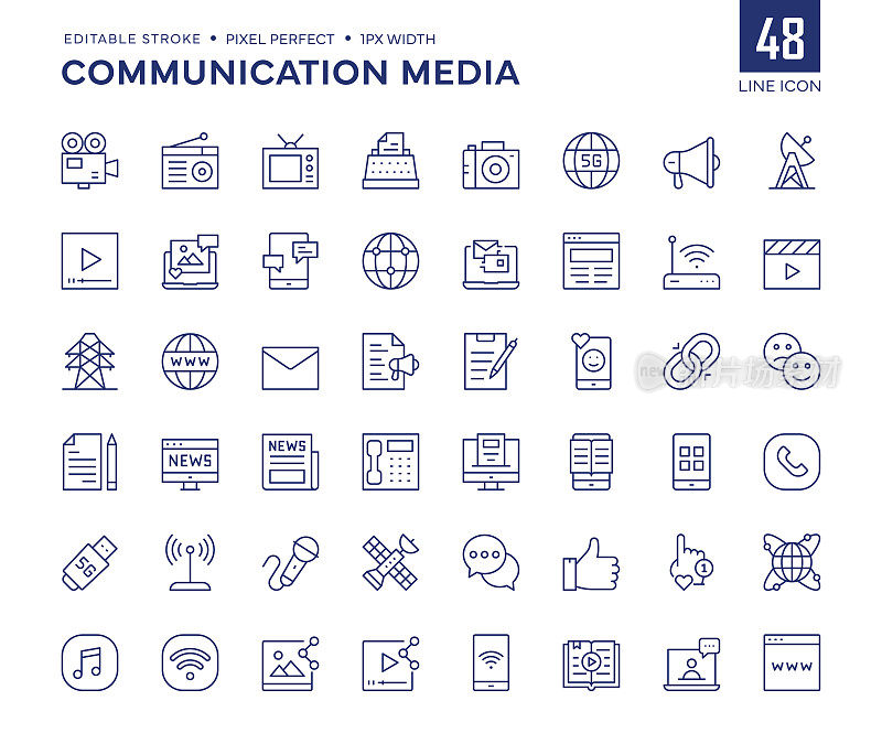 通信媒体线图标集包含摄像头、广播、电视、文案、5G、无线技术、短信等图标。