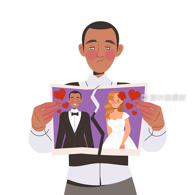 男子从婚礼上撕下照片，存在关系问题，在关系向量插图中遇到麻烦