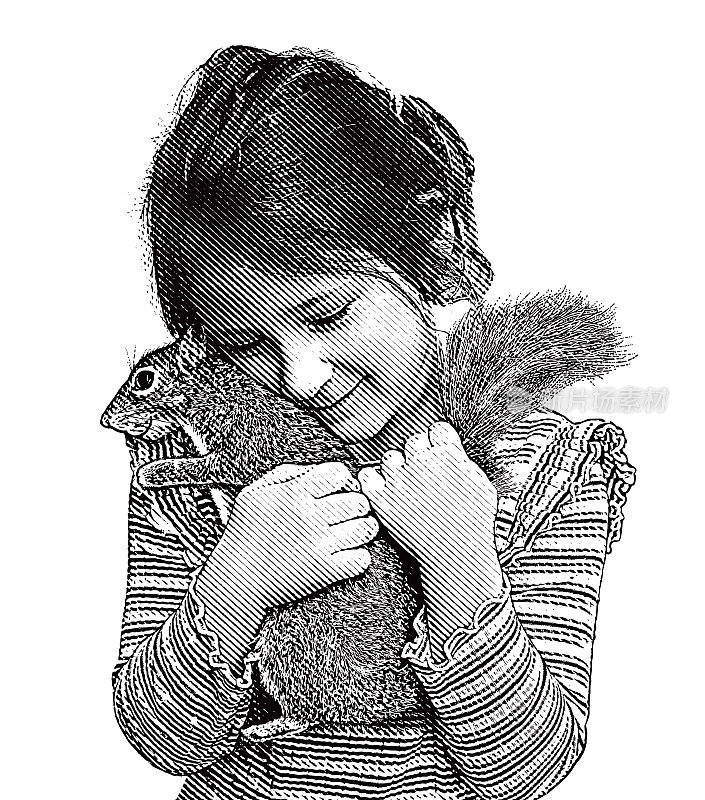 小女孩抱着可爱的松鼠