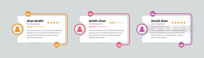 简单的客户反馈和评级卡与头像的网页界面设计