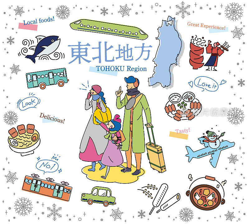 一家三口在日本东北地区享受冬季美食观光，一组图标(线条画)
