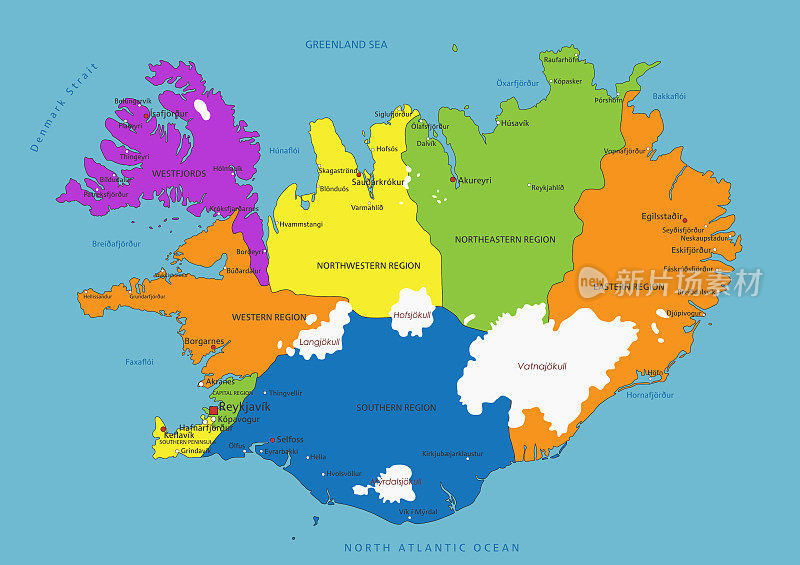 丰富多彩的冰岛政治地图，清楚地标记，分离的层次。矢量插图。