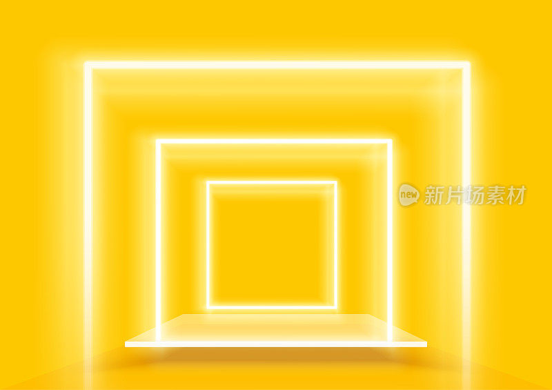 黄色的画室背景配合镜面底座和方形霓虹灯效果，为您的图文留出空间。产品展示舞台平台。矢量插图。