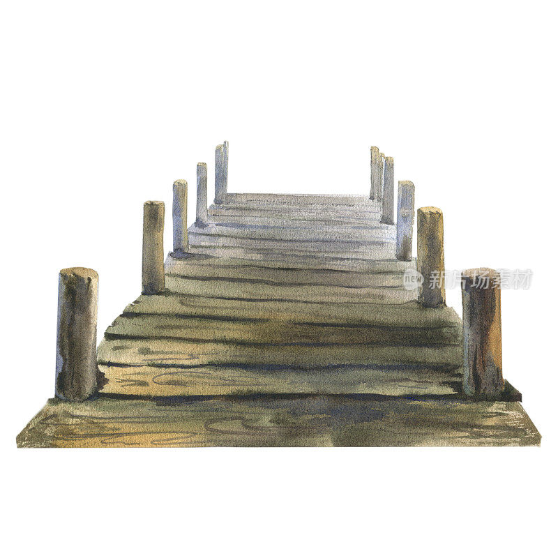 水彩插图，旧木码头。手绘水彩图形素描孤立在白色背景。