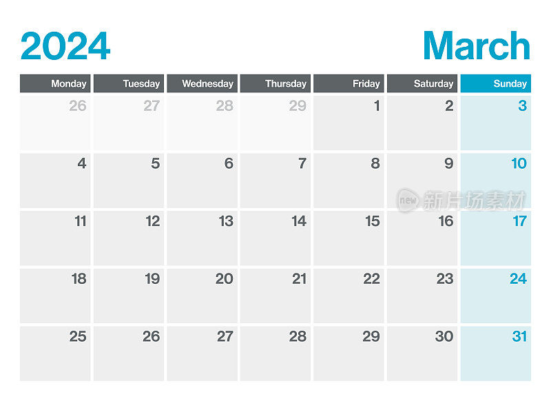 2024年3月-日历规划。极简风格的景观水平日历2024年。向量模板。这一周从星期一开始