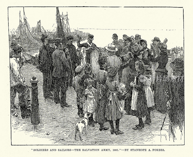 19世纪90年代维多利亚时代,救世军乐队在街上为人们演奏音乐的复古插图