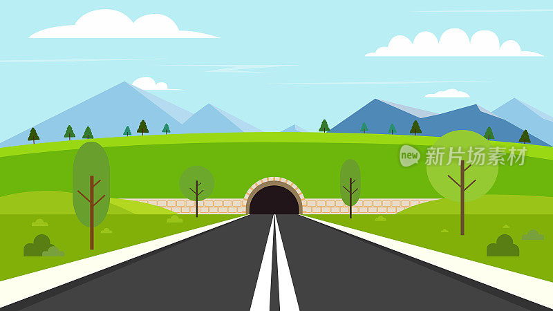 具有自然景观的隧道道路。从街道到隧道的自然景观