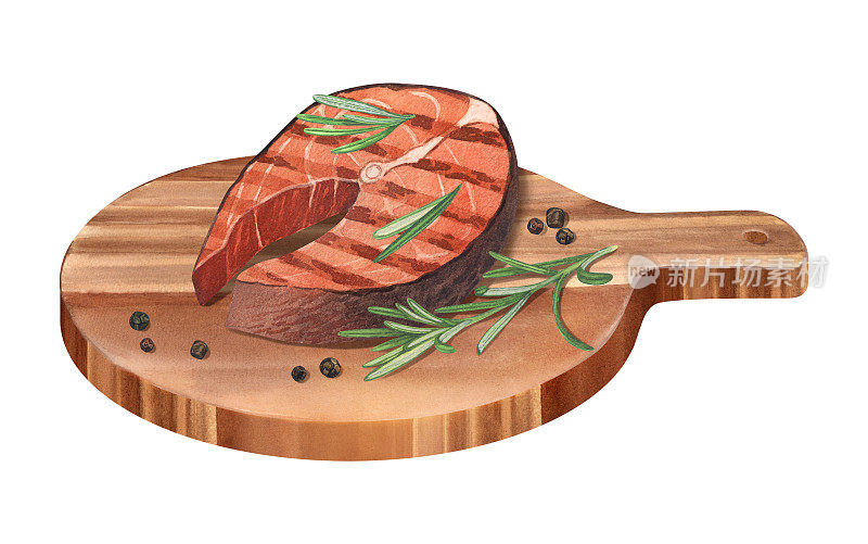 水彩美味切片烤鲑鱼牛排烧烤木板。手绘插图孤立在白色背景的特写。适合菜单咖啡馆，餐厅，食谱书，烹饪，烧烤