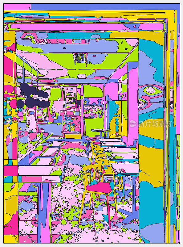 霓虹色彩的超时空艺术卡通室内场景，餐厅室内空间