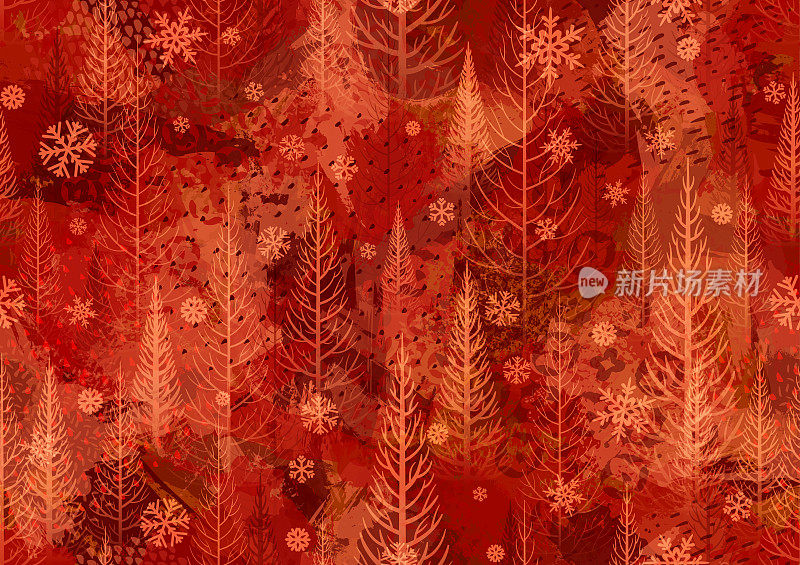 无缝红色冬季森林垃圾油画背景