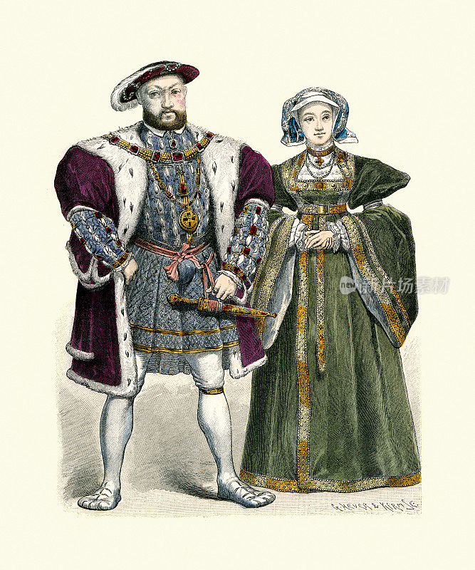 英格兰国王亨利八世和他的第四任妻子克利夫斯的安妮，都铎时尚，16世纪，历史