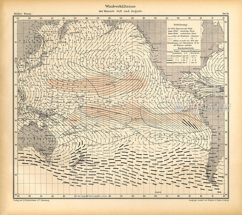 7月和8月太平洋天气模式图，德国古董维多利亚雕刻，1896