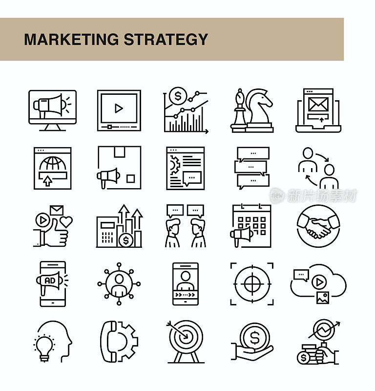 营销策略细线矢量图标集。设计是可编辑的，颜色可以改变。矢量创意图标集:品牌营销，内容营销，全球营销，入站营销，数字营销，对话