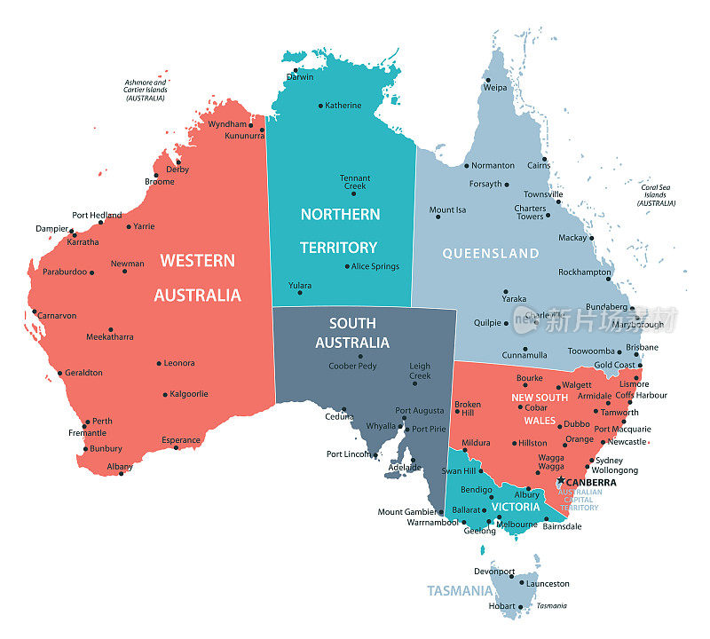 澳大利亚的地图。澳大利亚矢量彩色地图