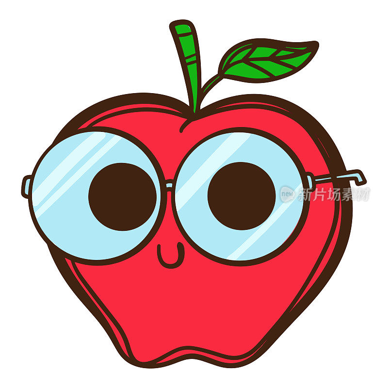 可爱的苹果与眼镜卡通孤立在白色
