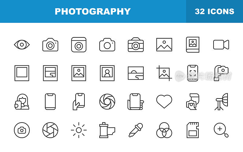 摄影线图标。可编辑笔画，包含相机、曝光、胶片、图像、影响者、照片、图片、自拍、社交媒体、电视、视频、视频通话、网络摄像头等图标。