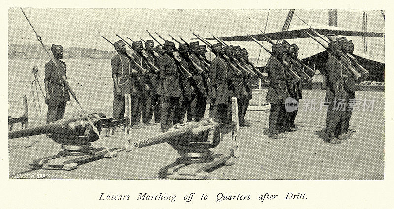 印度水手进行火枪训练，英国皇家海军玛格达拉号，印度海军港口防御部队，军事历史，19世纪90年代，19世纪。