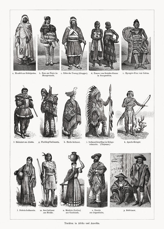 非洲和美洲的民间服饰，木刻，1894年出版