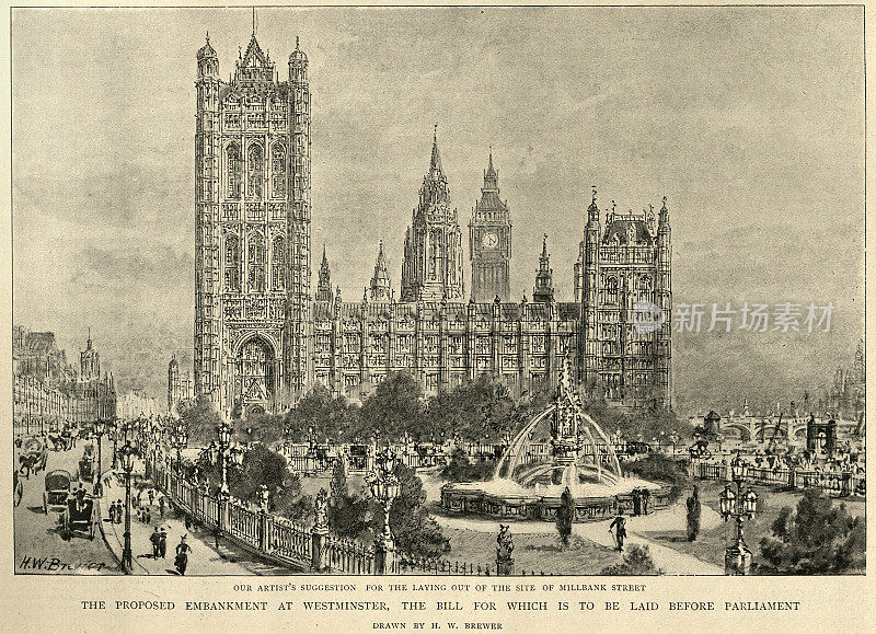 19世纪，维多利亚时代的英国历史，19世纪，19世纪，伦敦，威斯敏斯特堤防的复古插图