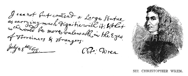 克里斯托弗・雷恩爵士的肖像，手写文字和签名