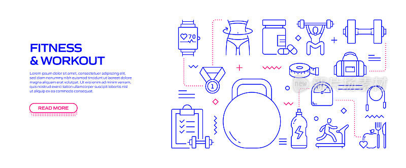 健身和锻炼相关的线条风格横幅设计的网页，标题，小册子，年度报告和书籍封面