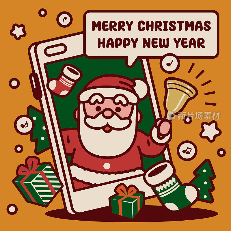 可爱的圣诞老人从智能手机里跳出来，摇着铃铛，给你送圣诞礼物和圣诞袜，祝你圣诞快乐，新年快乐
