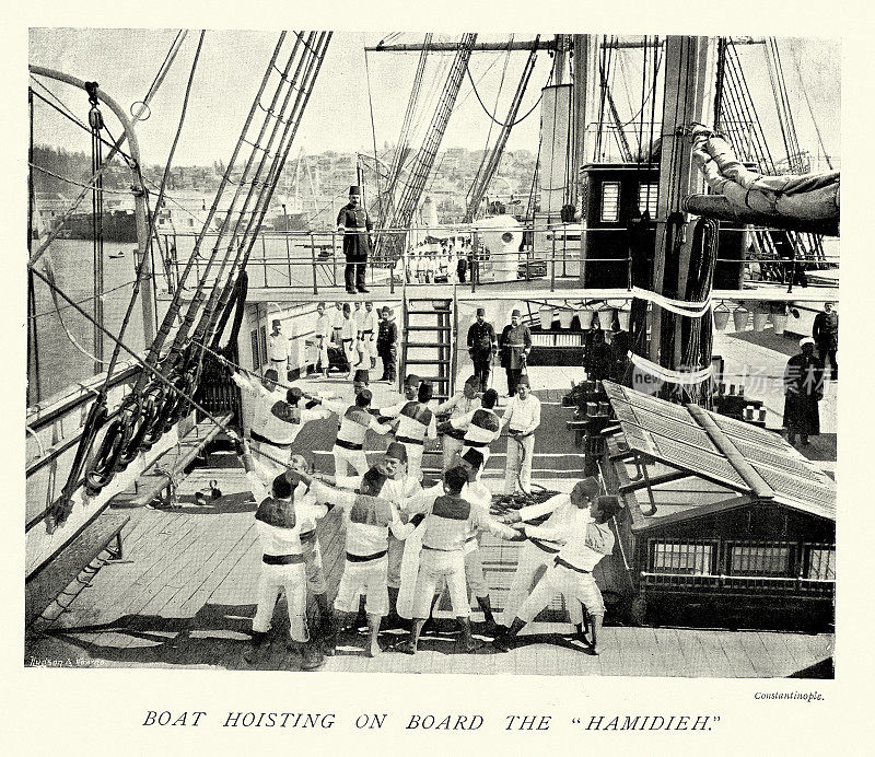 奥斯曼帝国海军，水手在Hamidieh上吊船，军舰，19世纪90年代的海军历史