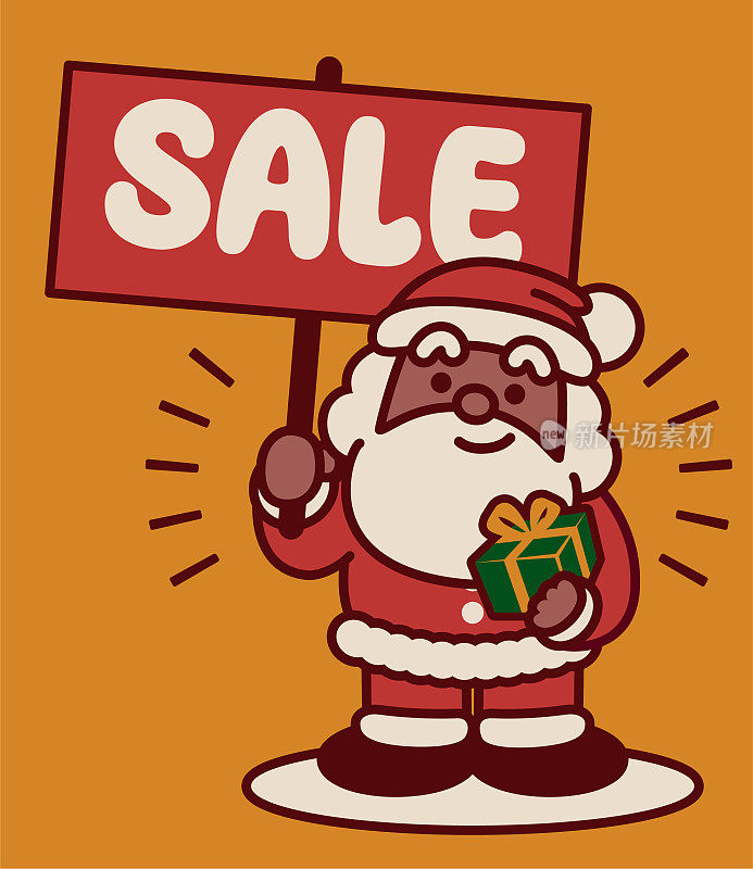 可爱的黑色圣诞老人拿着圣诞礼物，举着一个出售的标志