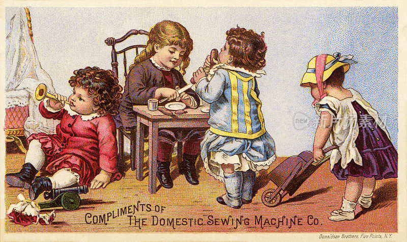 为国内缝纫机公司制作的商业卡片上的维多利亚时代托儿所儿童彩色照片