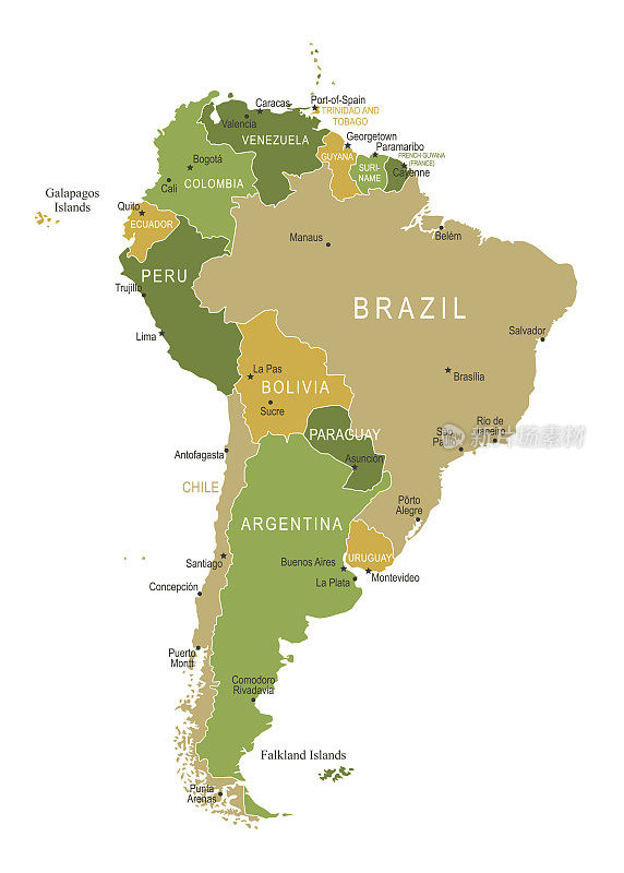 南美洲地图。矢量彩色地图的南美洲