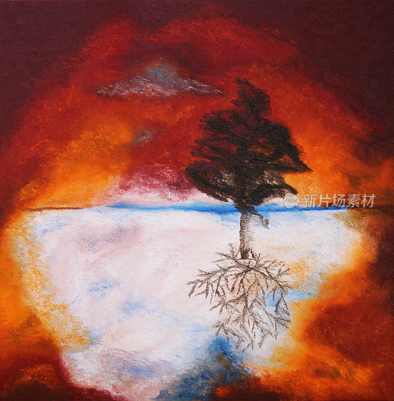 日落天空下的树的油画