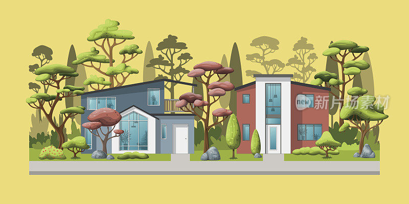 插图的两个现代家庭房子与树