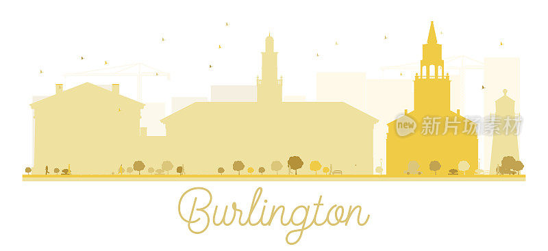伯灵顿城市天际线的金色轮廓。
