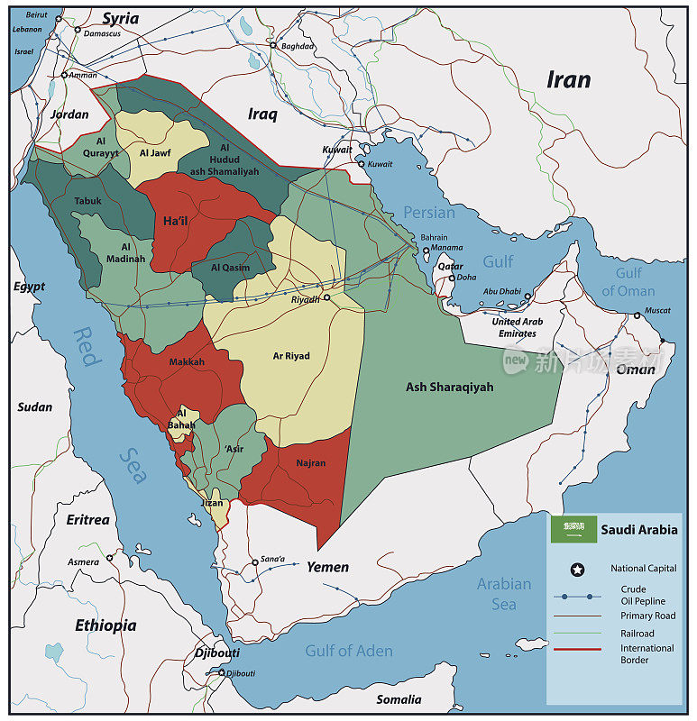 沙特阿拉伯地图与可选择的领土。向量