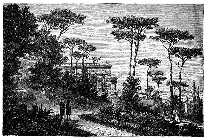 19世纪雕刻的波勒兹别墅花园，罗马，Ital