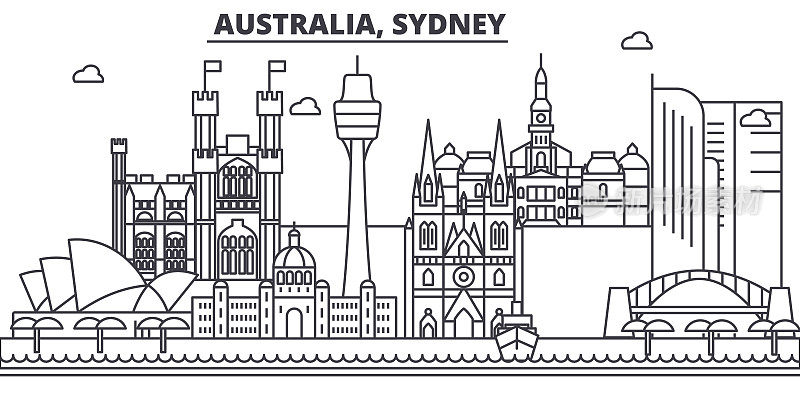 澳大利亚，悉尼建筑线天际线插图。线性向量的城市景观与著名的地标，城市景观，设计图标。风景与可编辑的笔触