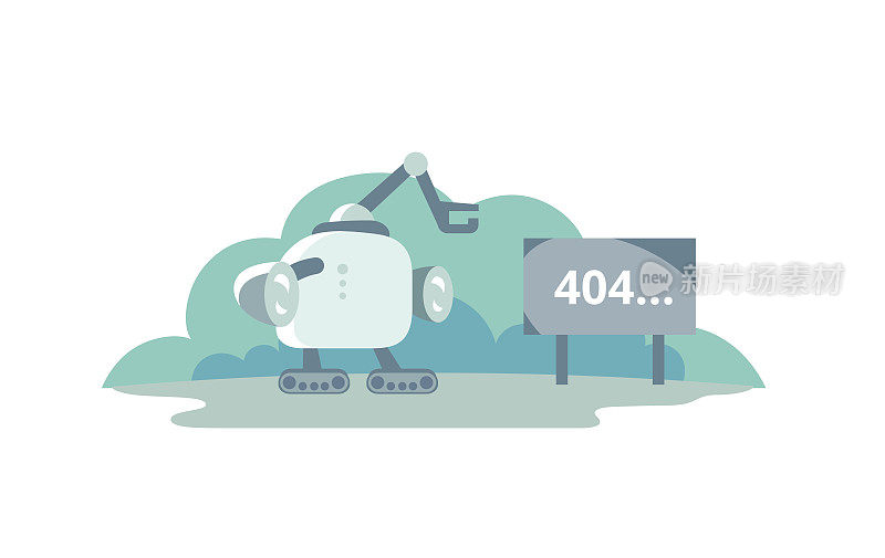 月球漫步者在404错误标志的对面停了下来。错误页面404未找到的可爱插图