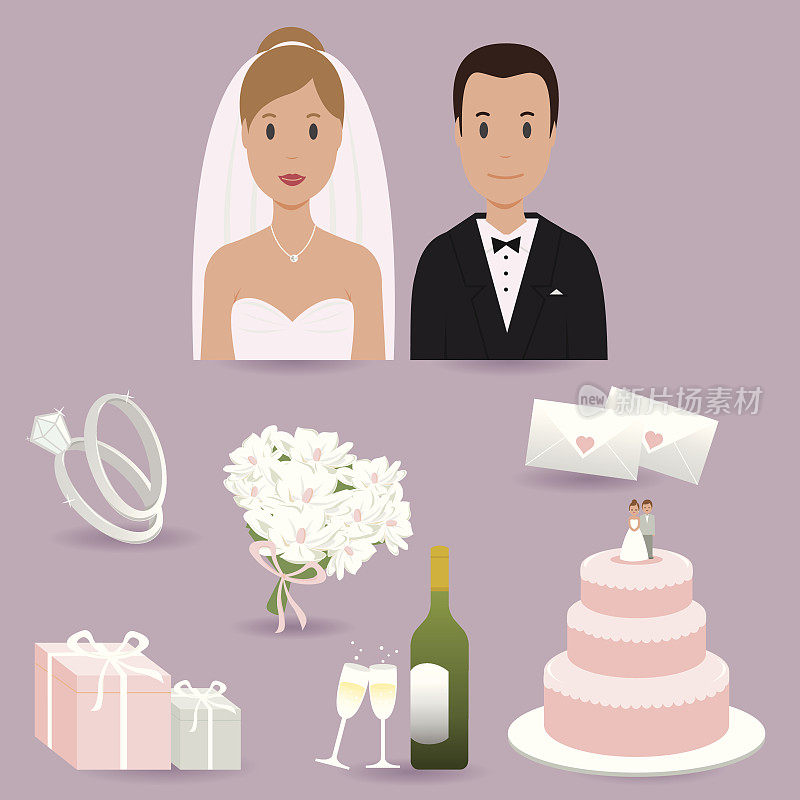 新娘，新郎和婚礼元素