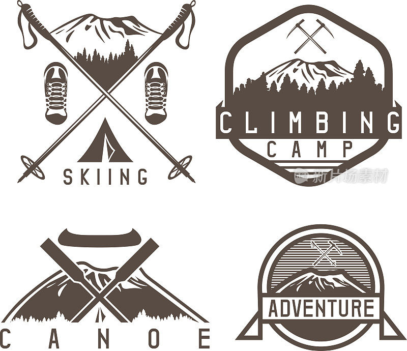 滑雪，独木舟和冒险露营vintage标签集