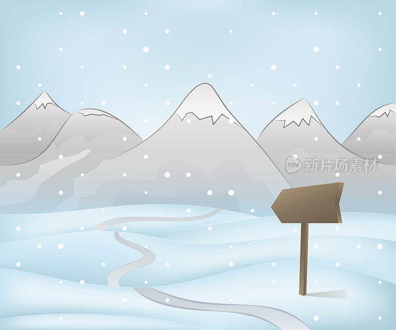 冬季的山景景色与路标在下雪
