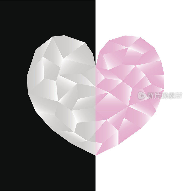 粉红色的心在双面黑白背景上。多边形心矢量插图