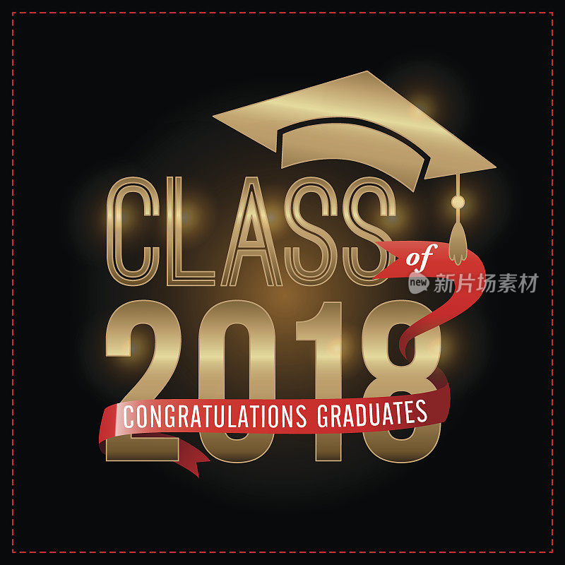 2018届毕业生祝贺毕业生们，黑色背景上的金色文字和红丝带