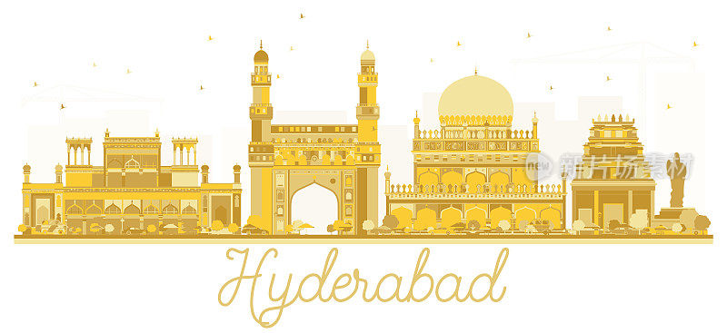 海得拉巴印度城市天际线金色剪影。