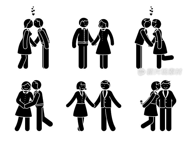简笔画接吻情侣组。男人和女人在爱情矢量插图。男朋友和女朋友拥抱，拥抱和牵手的象形文字