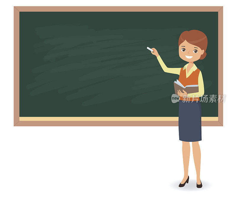 年轻的女教师正在学校的黑板上用粉笔写字
