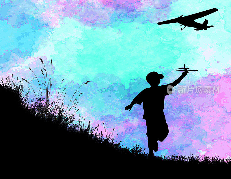 儿童的飞行梦想水彩画