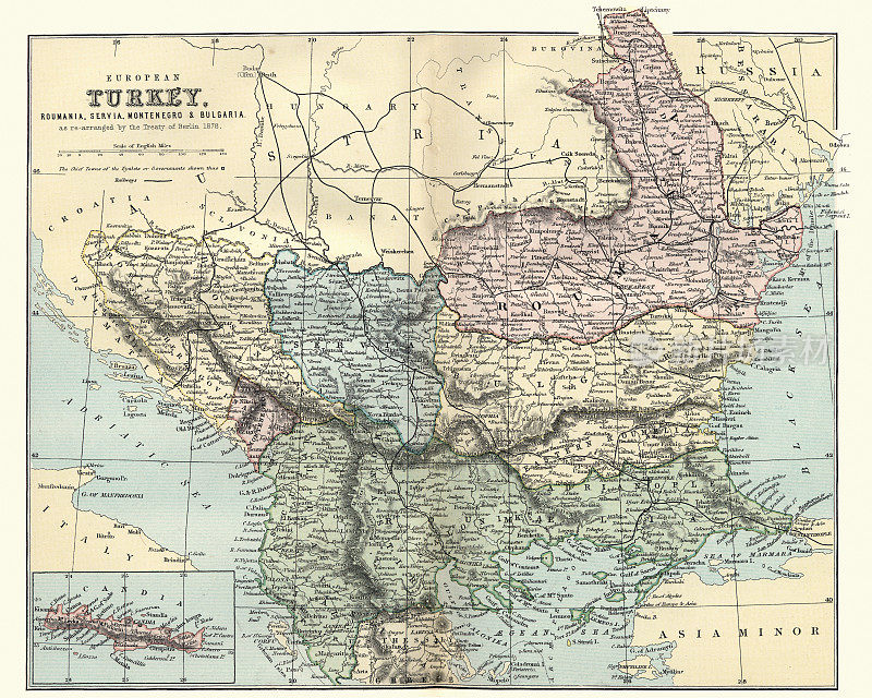 地图罗马尼亚，塞尔维亚，黑山和保加利亚19世纪