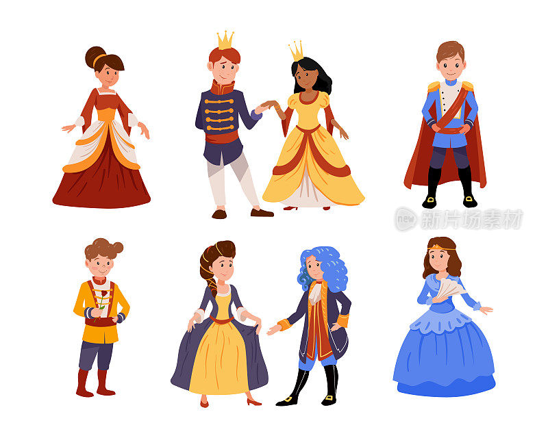 一套可爱的小男孩在王子服装与皇冠，女孩在公主服装孤立在白色背景。