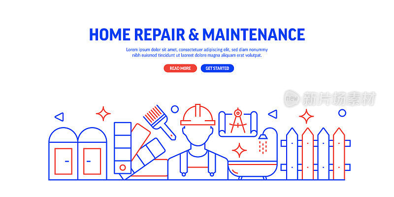 家居维修与维护相关的网页横幅线条风格。现代线性设计矢量插图的网站横幅,网站标题等。