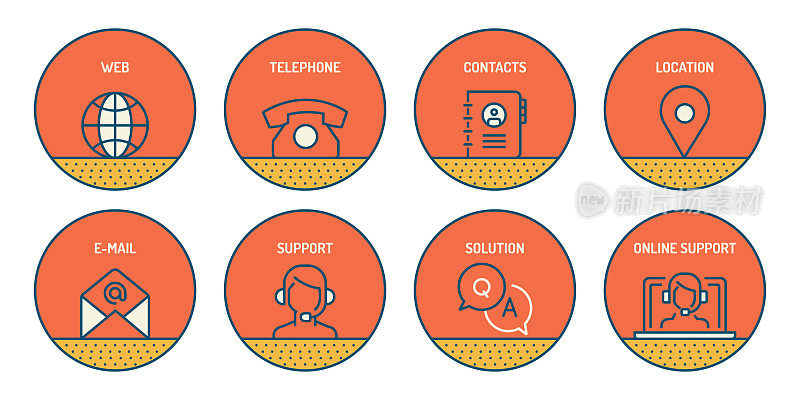 联系和支持相关的线路图标集。简单的轮廓图标。